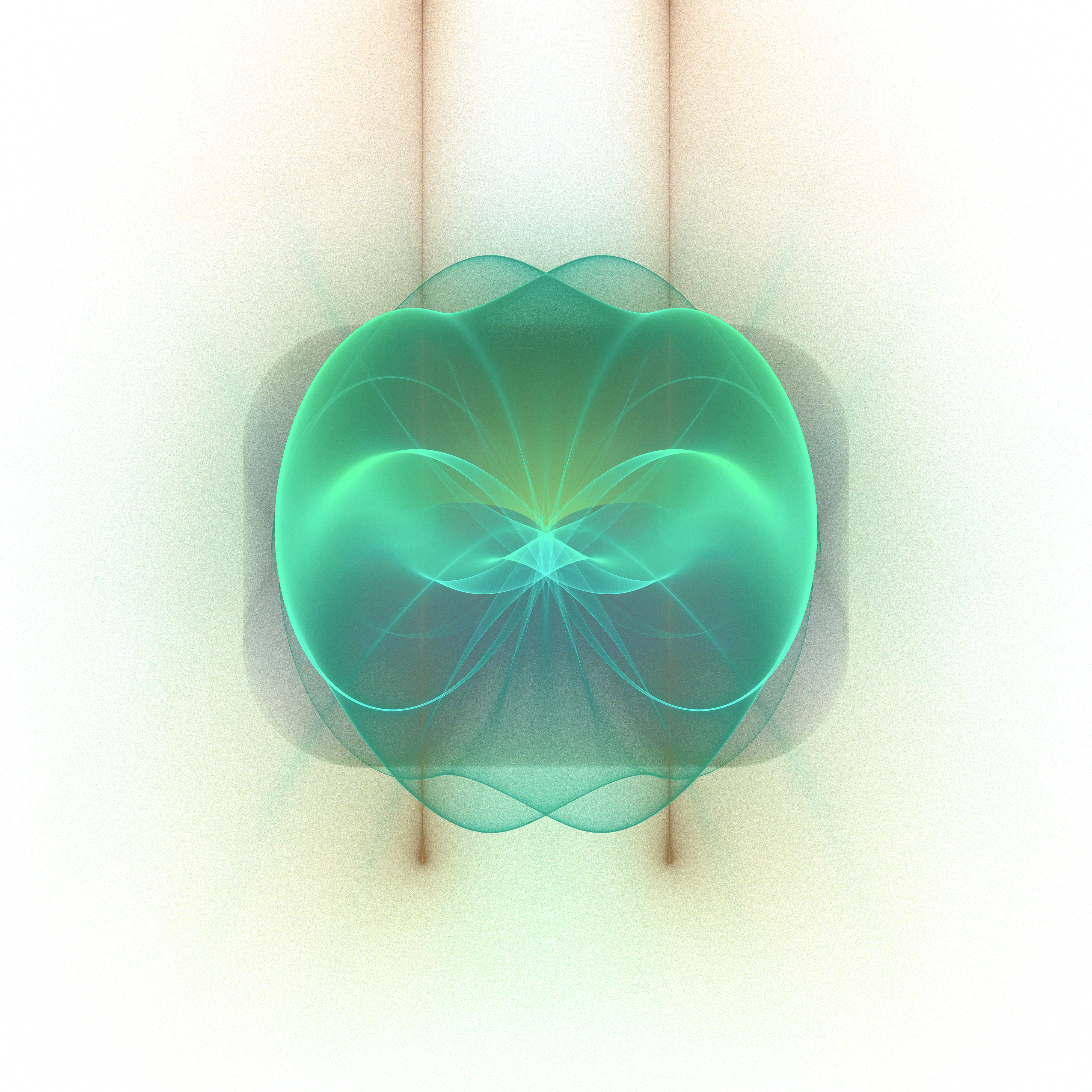 A bright turquoise shape floats against a white background.