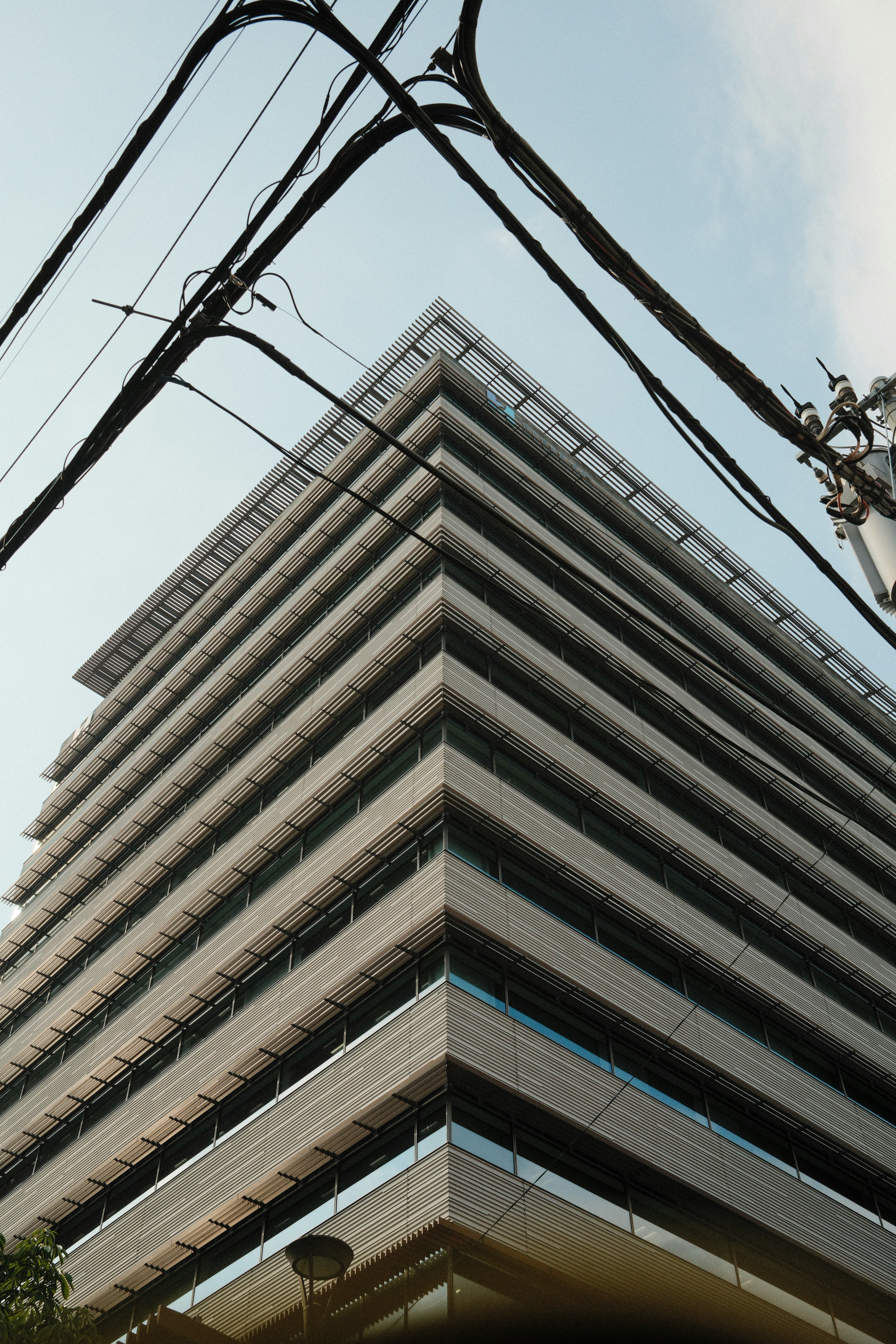 Die kantige Architektur des Gebäudes, die von Stromleitungen eingerahmt wird.