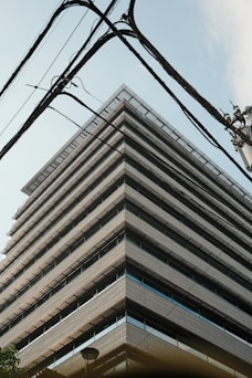 Building's angular architecture framed by power lines.