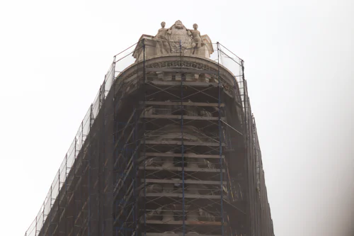 Building facade with scaffolding access