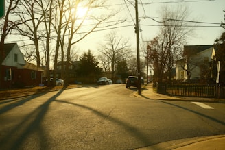Sunlight bathes a quiet suburban street.