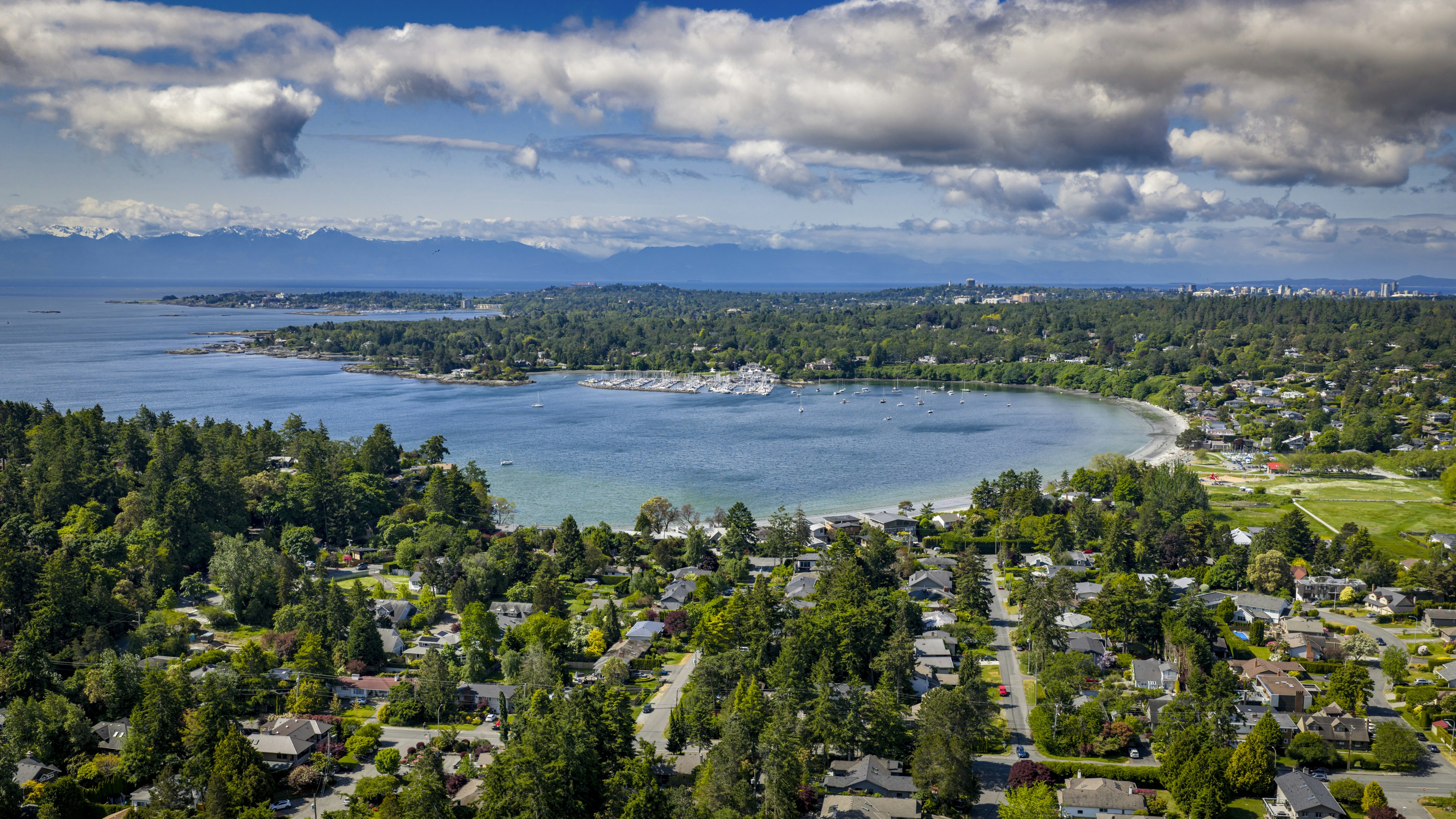 Aerial view of a beautiful bay and town.