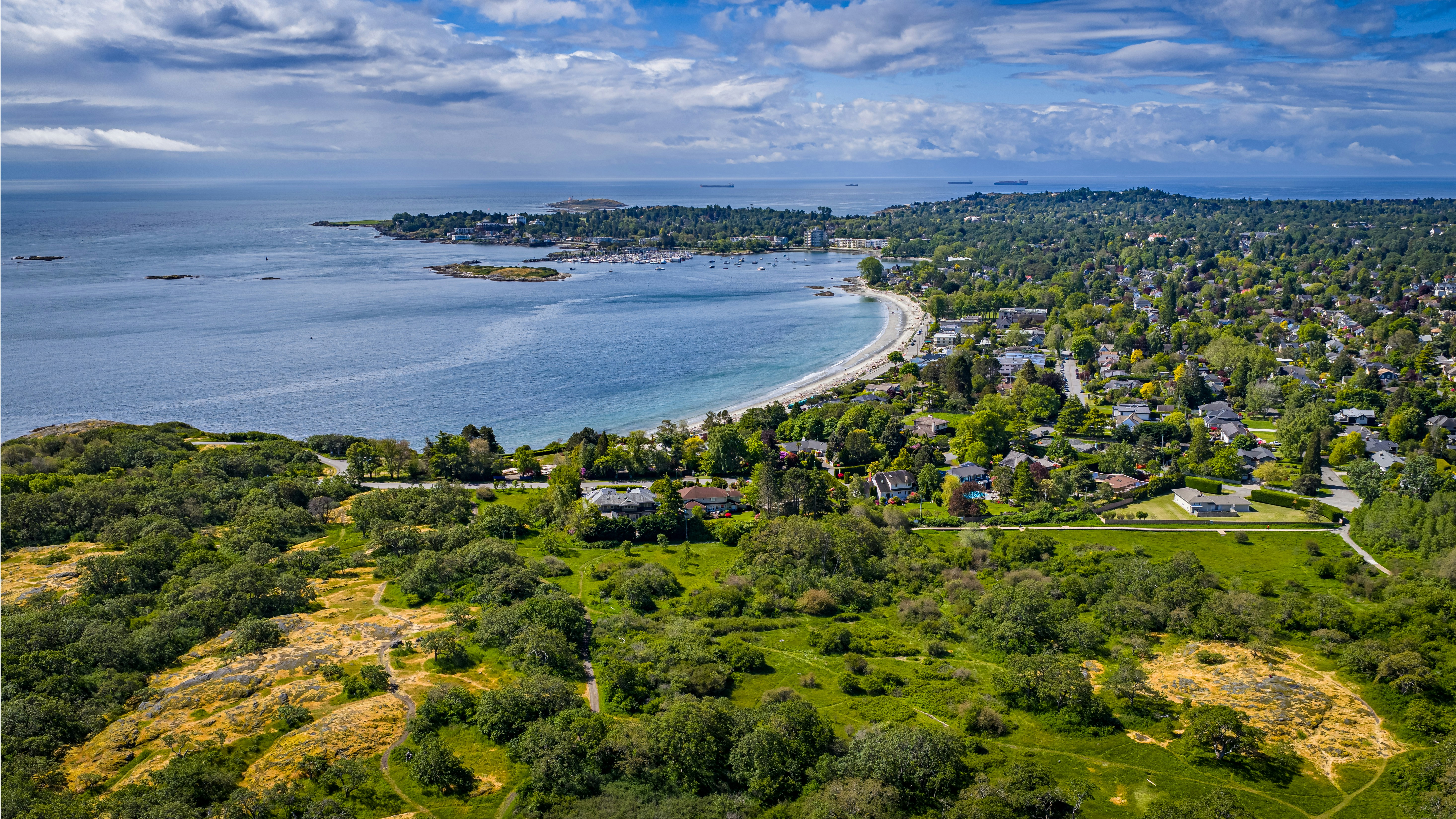 Aerial view of a scenic coastal town.