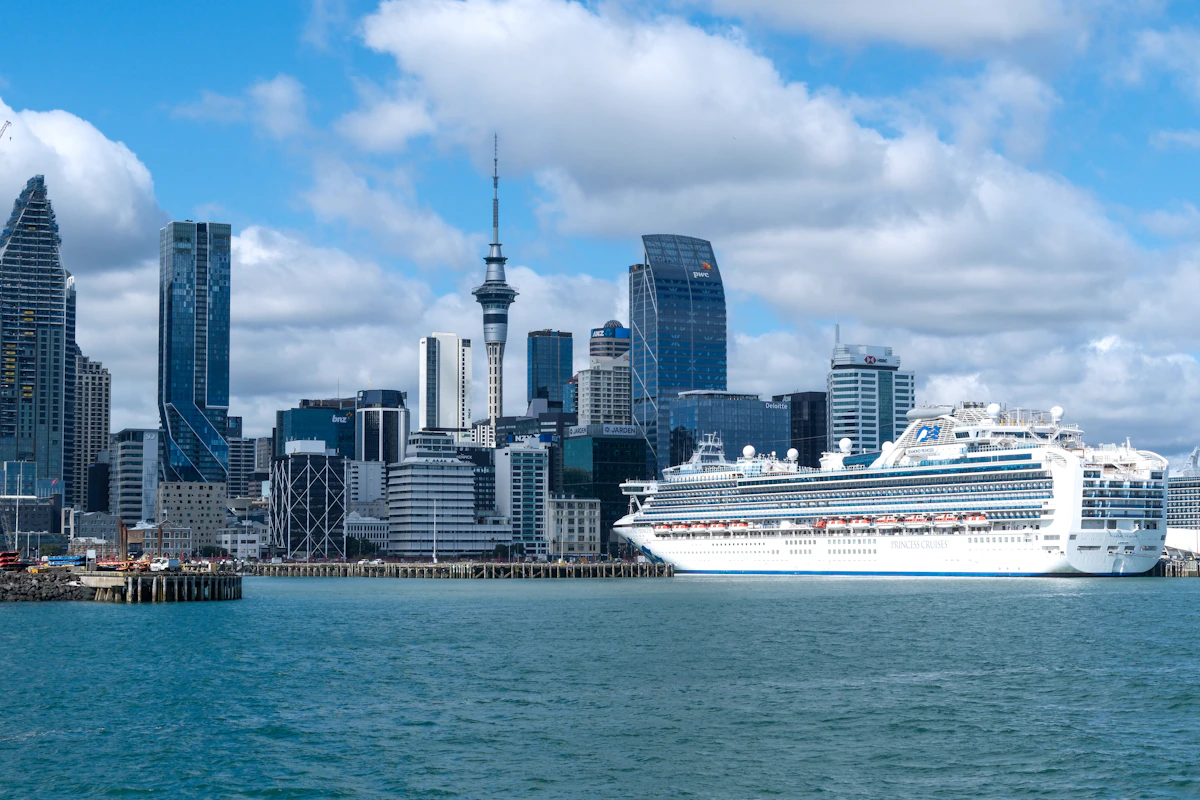 Auckland skyline and Sky Tower beside the harbour
