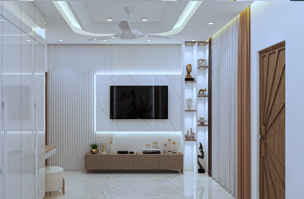 Neutral living room interior design, Wood & Co. Interiors Bangalore
