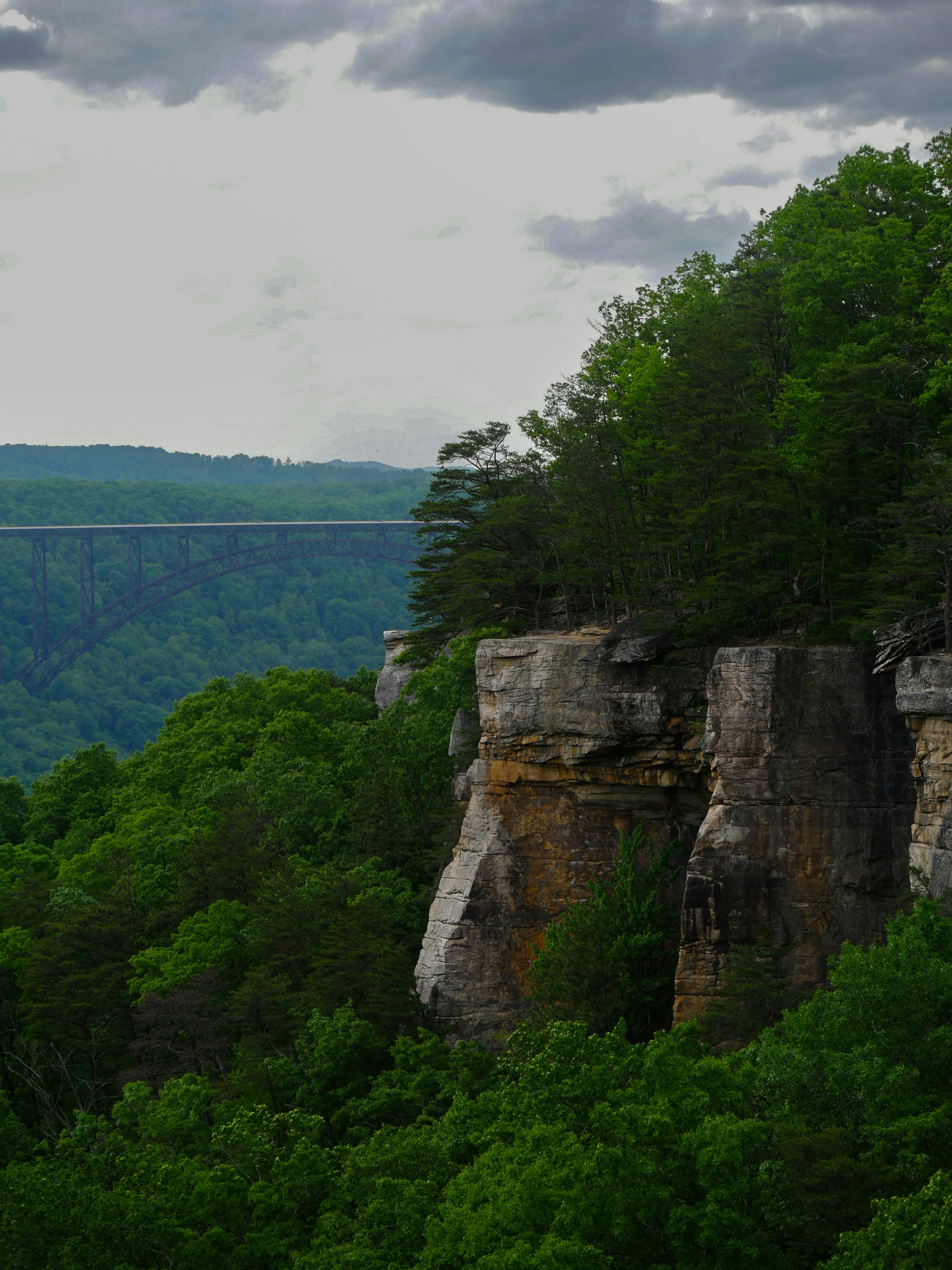 Cliffs overlook a bridge in a lush forest.