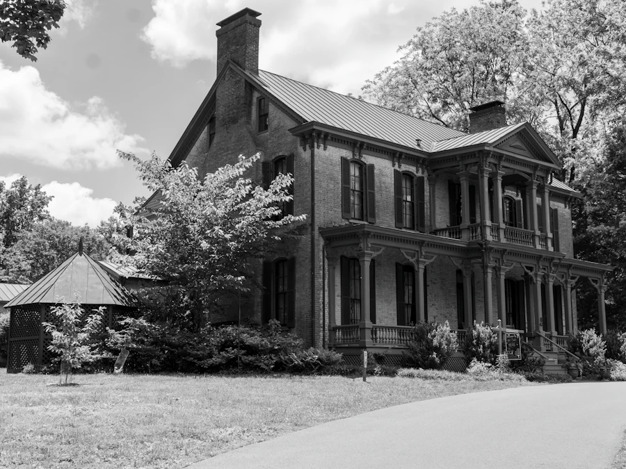 Black-and-white photo of a historic brick house