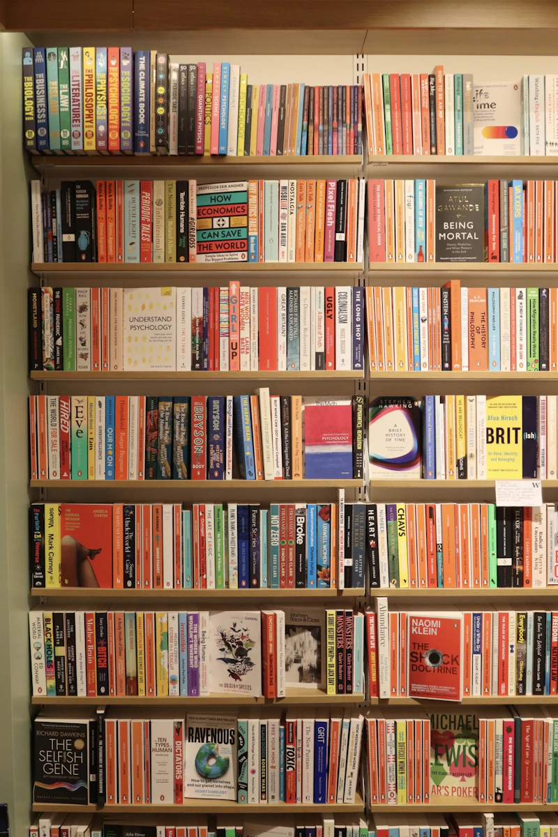Colorful bookshelf in pink, orange and red