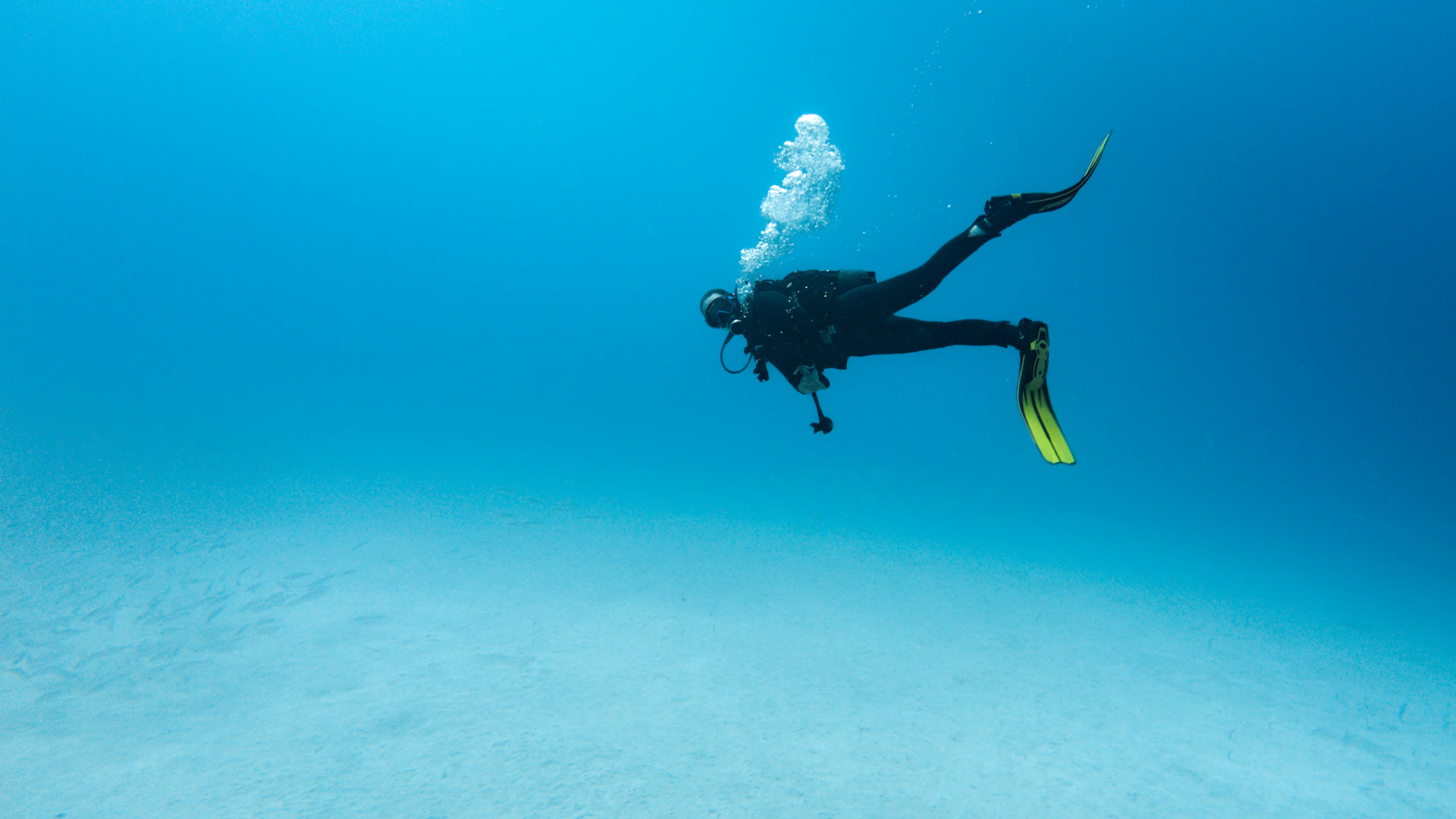 A scuba diver swims through blue ocean water.
