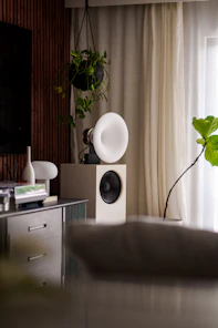 Stylish stereo speaker setup in a modern living room.