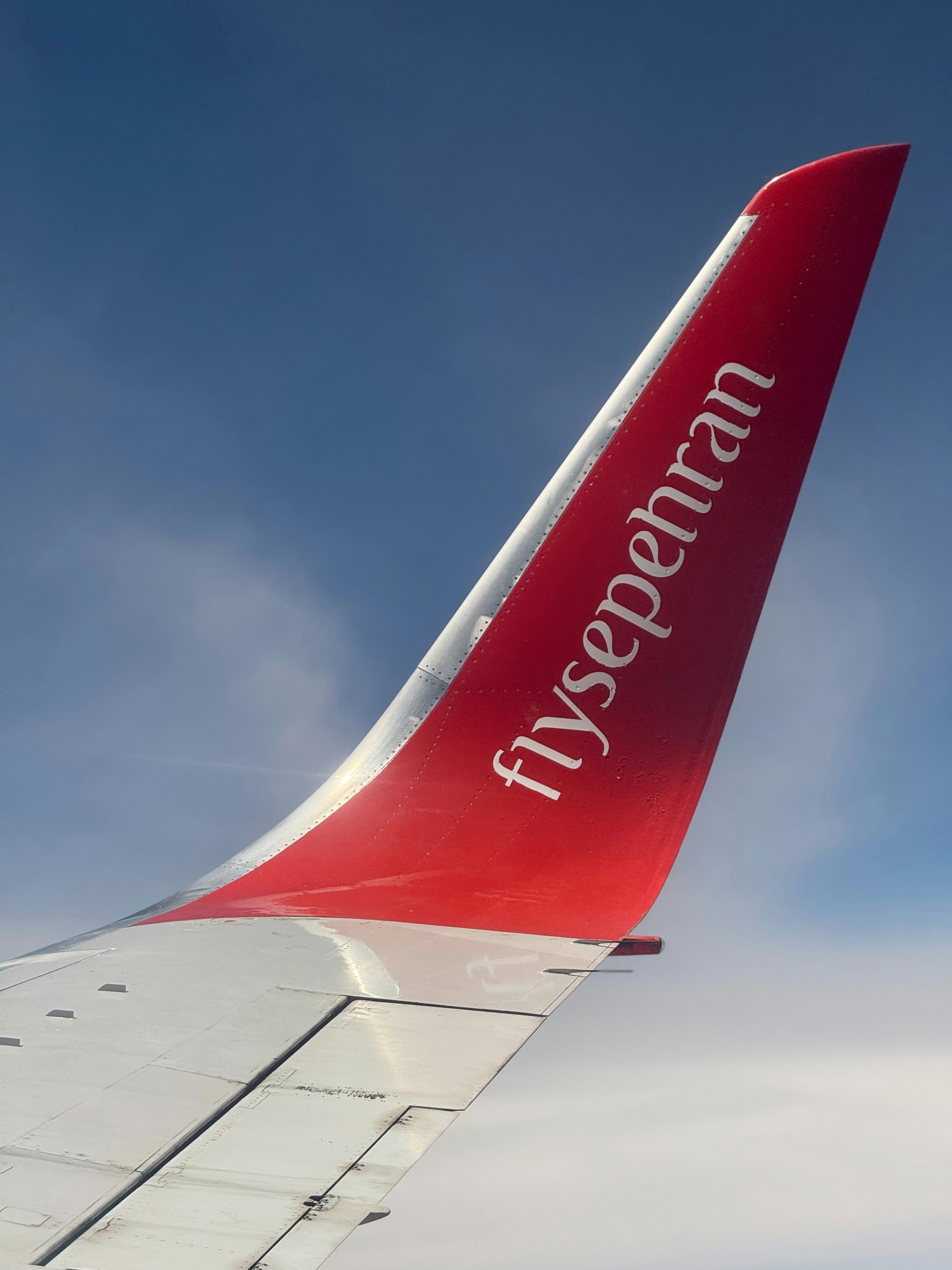 The red tail wing of an airplane against the sky.