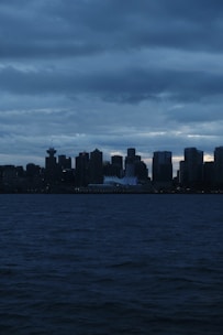 A dark silhouette of a city over water.