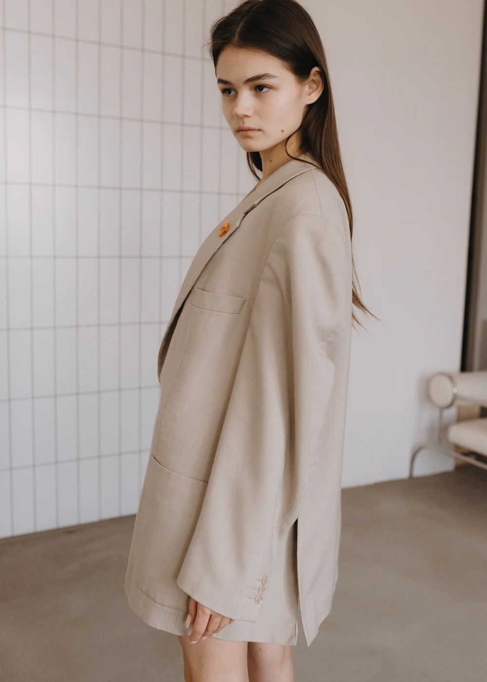 Beige textured wool-blend blazer, oversized fit