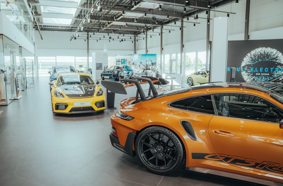 Modern car dealership showroom with cars on display