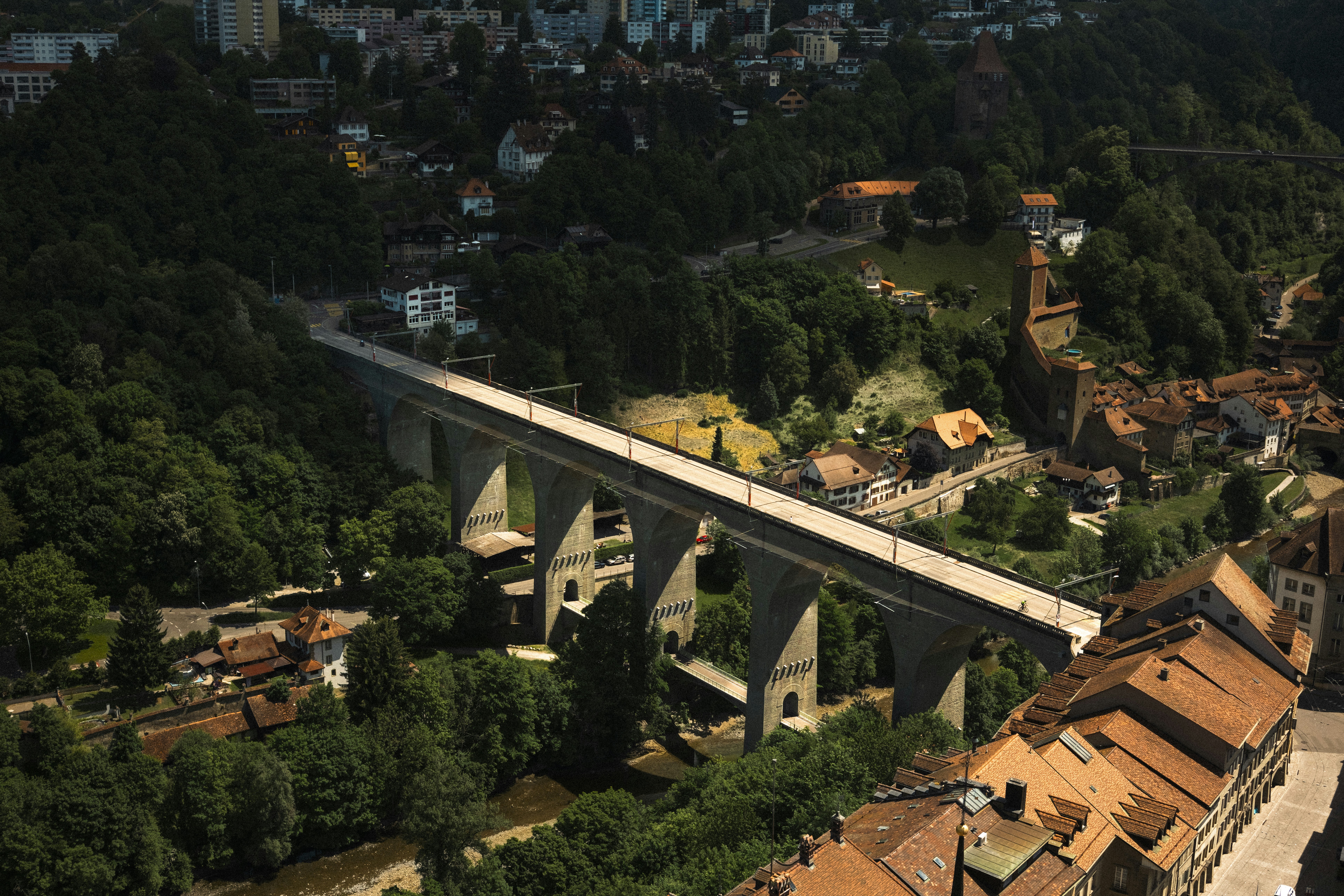 Un pont en béton s’étend à travers une vallée verdoyante.