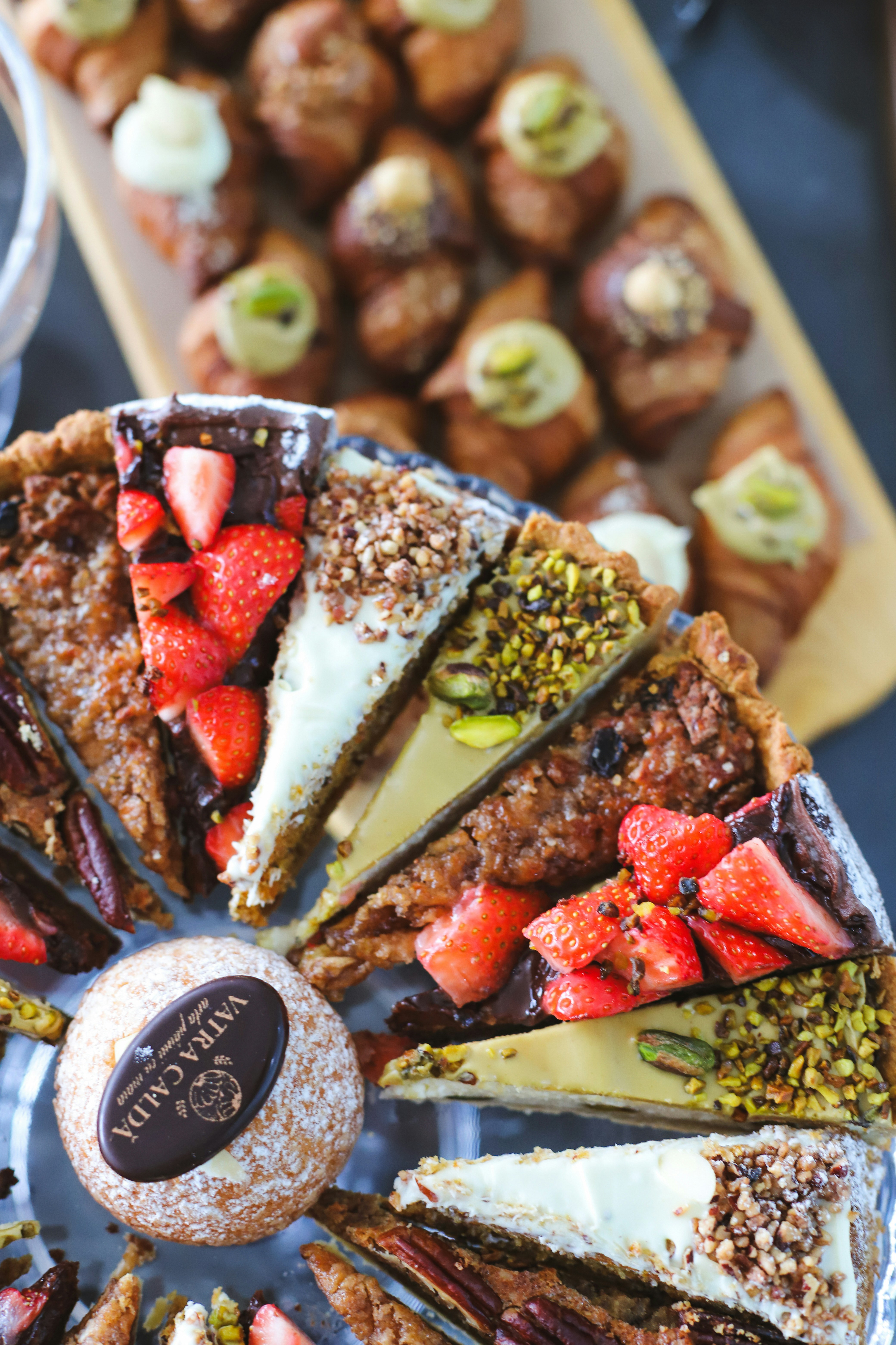 Delicious pastries, tarts, and croissants.