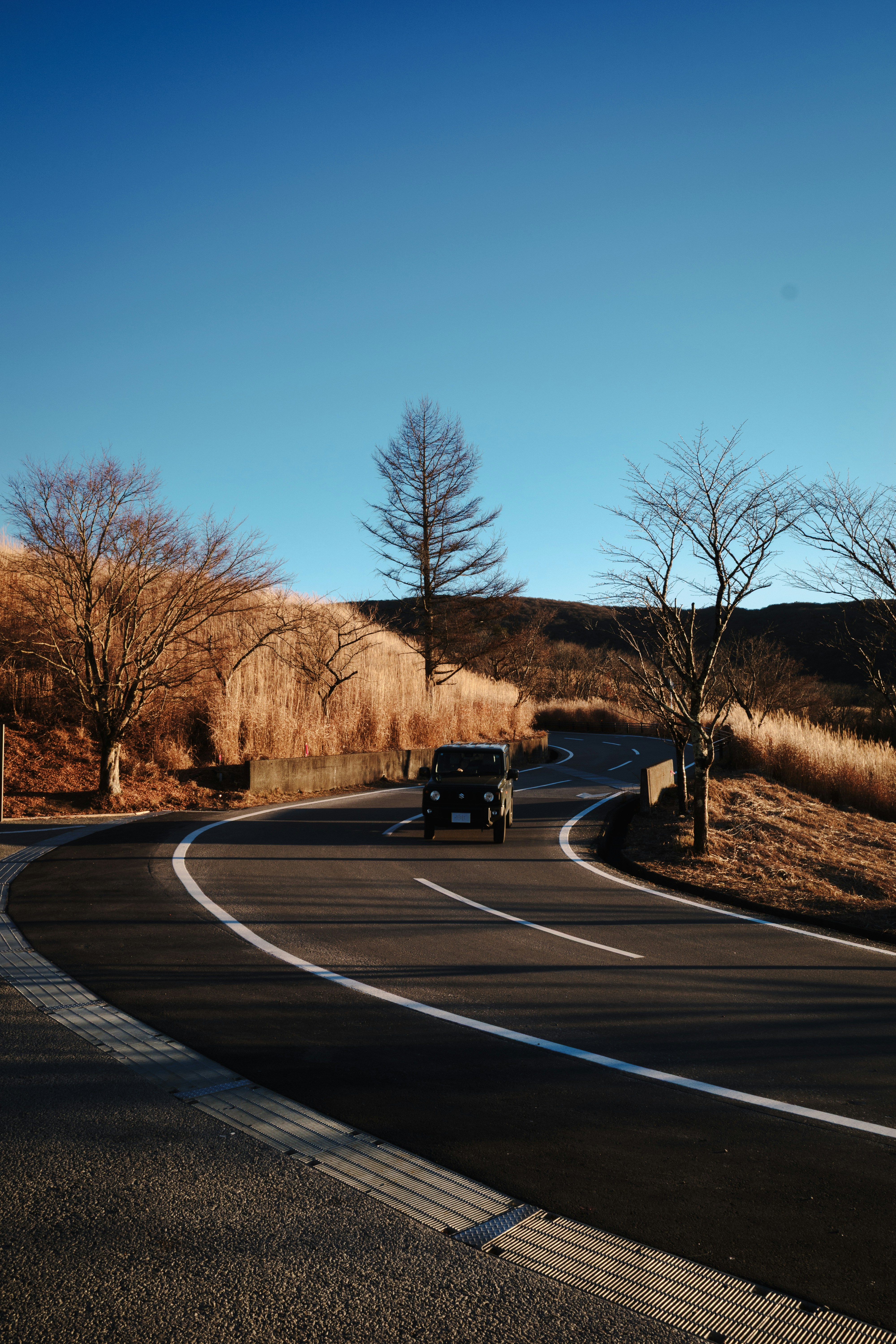 A vintage car is on a winding road.