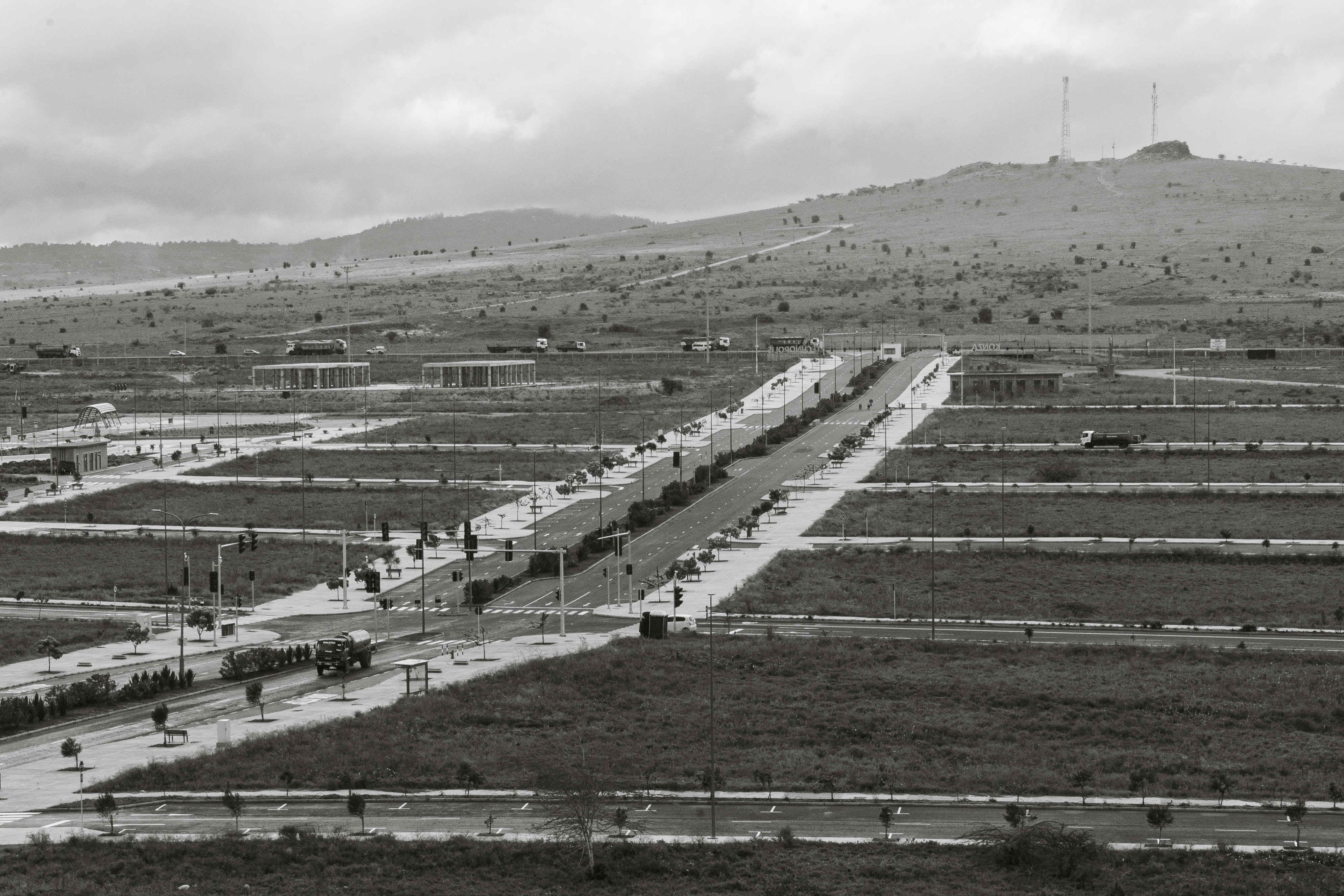 An aerial view of a planned city layout.