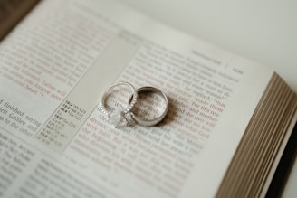 Wedding rings are placed on an open book.