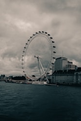 The london eye stands tall against a cloudy sky.