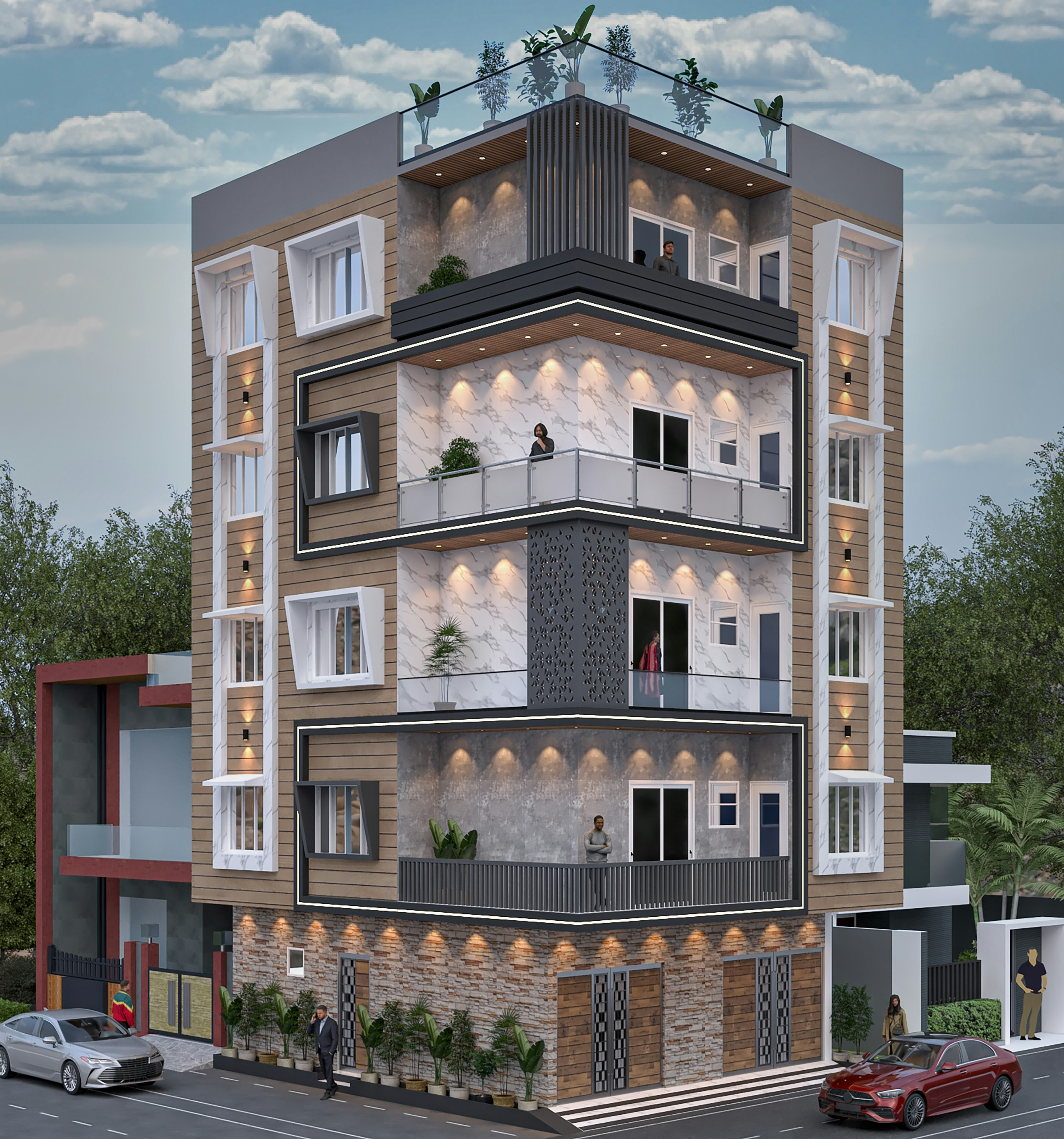 Aqui está uma legenda possível: edifício moderno com varandas e um jardim na cobertura.