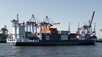 A cargo ship is docked at the port.