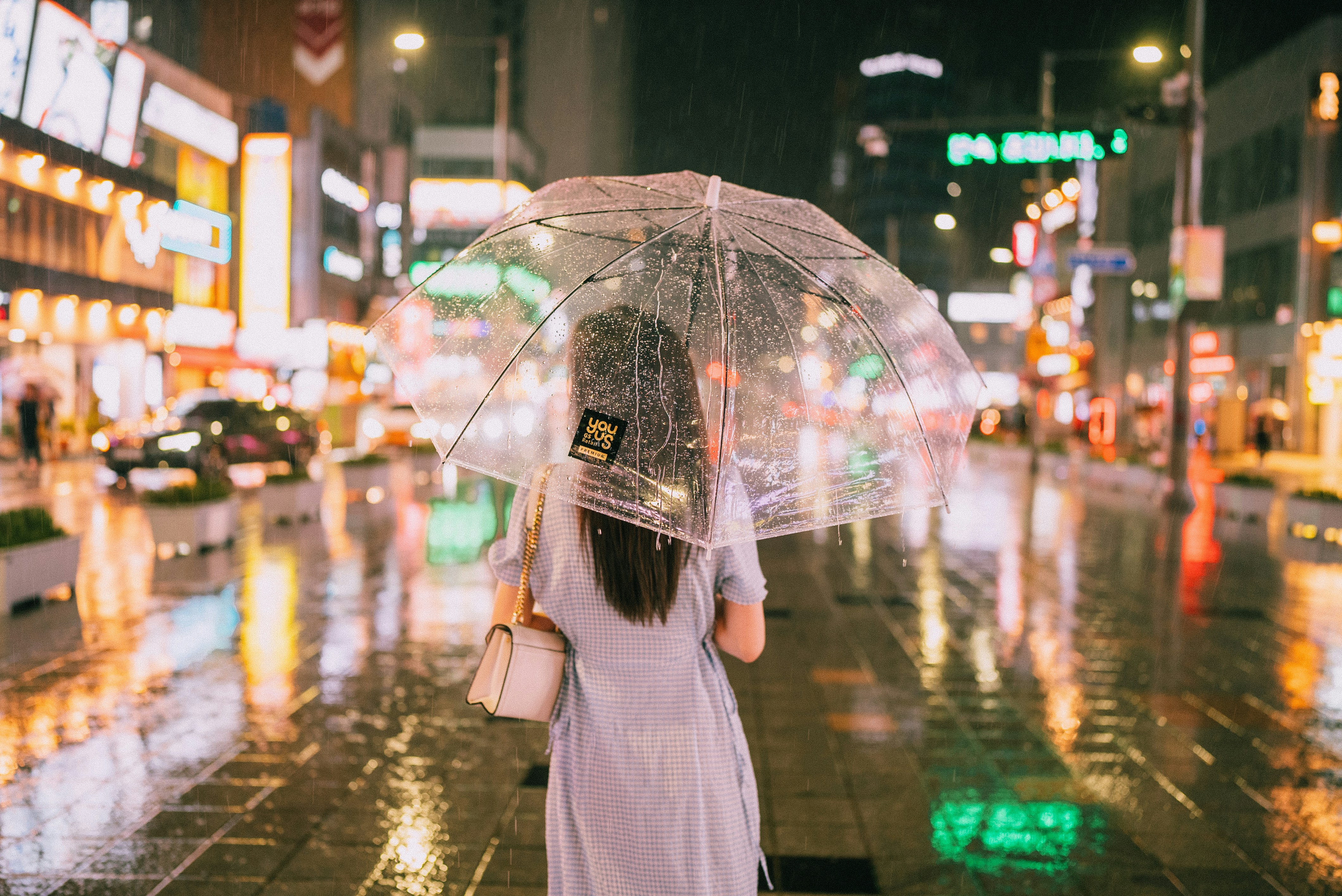 A woman walks in the rain with an umbrella.