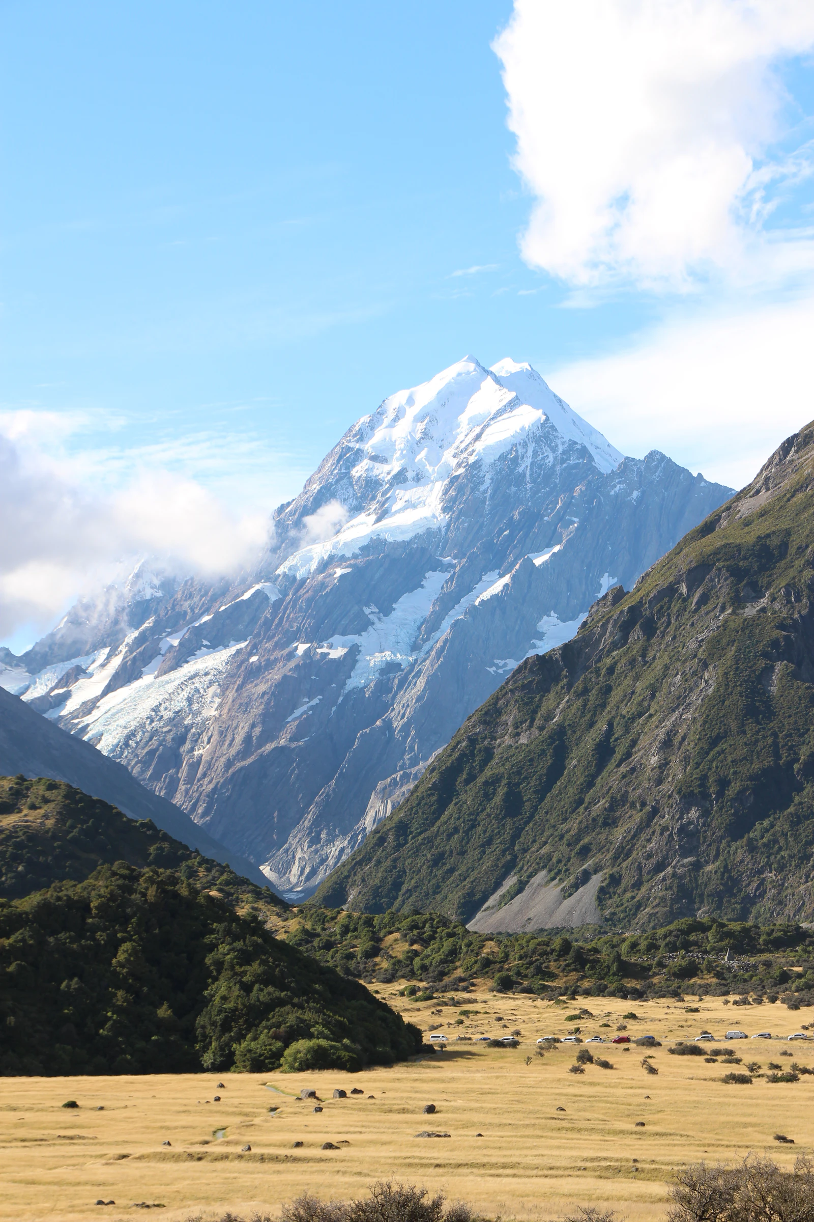A snow-covered peak rising above a valley at Aoraki