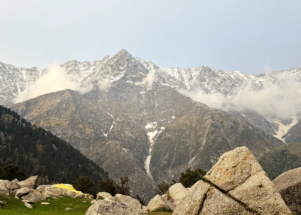 Snow-streaked Dhauladhar peaks above a green meadow and large boulders at Triund, near Dharamshala