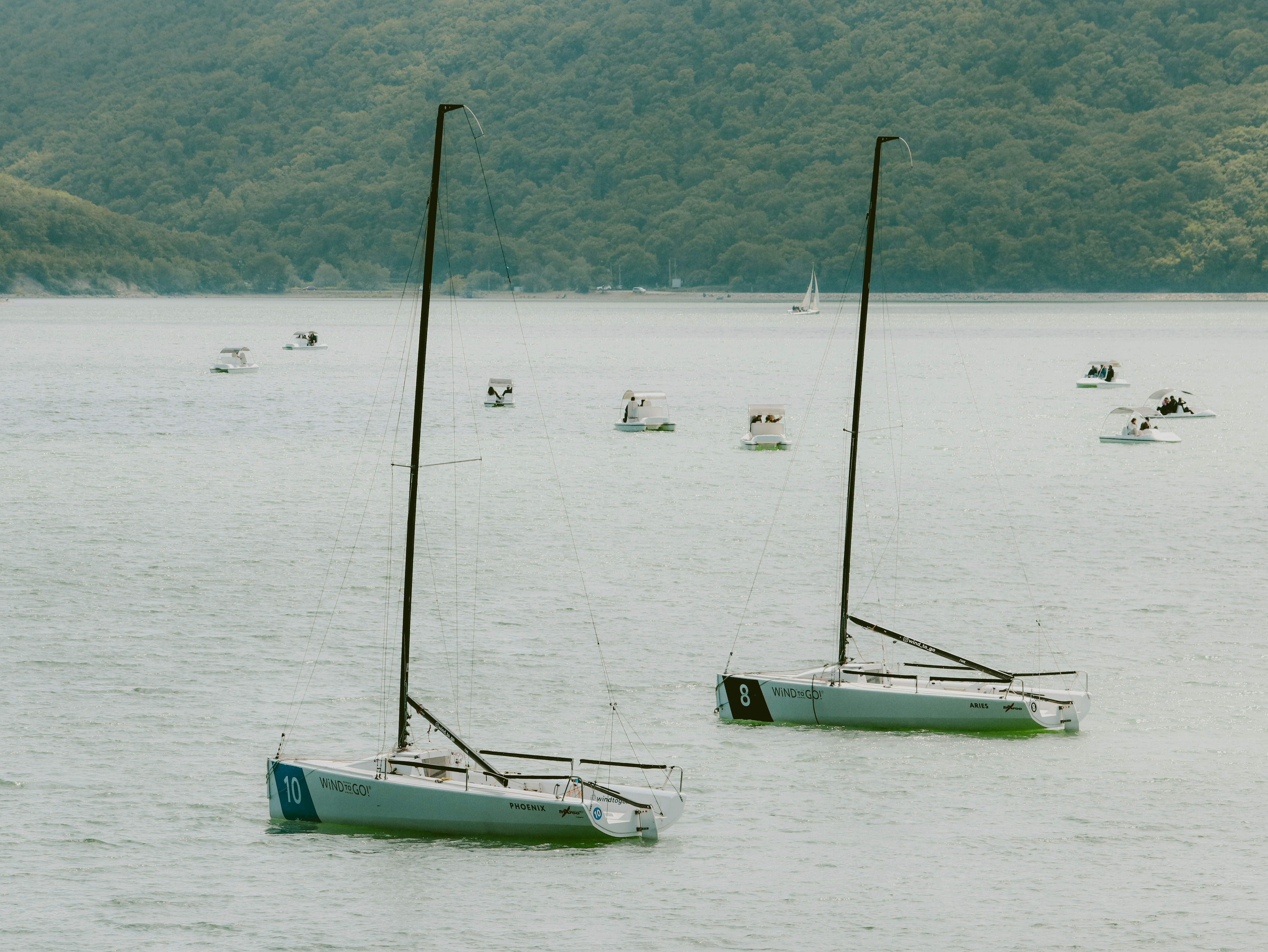 Two sailboats float on the water with other boats.