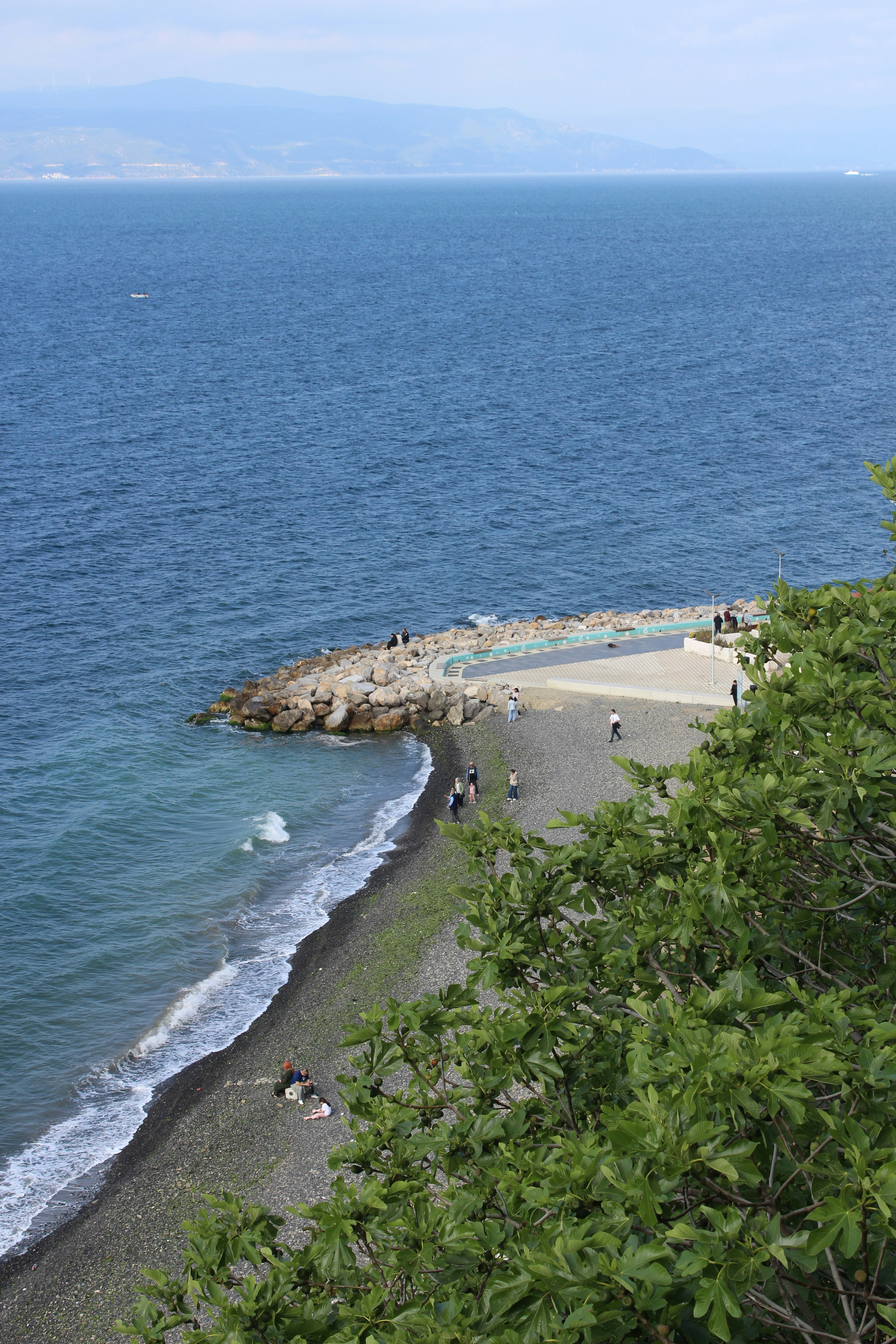 Beach view overlooking a vast blue sea.