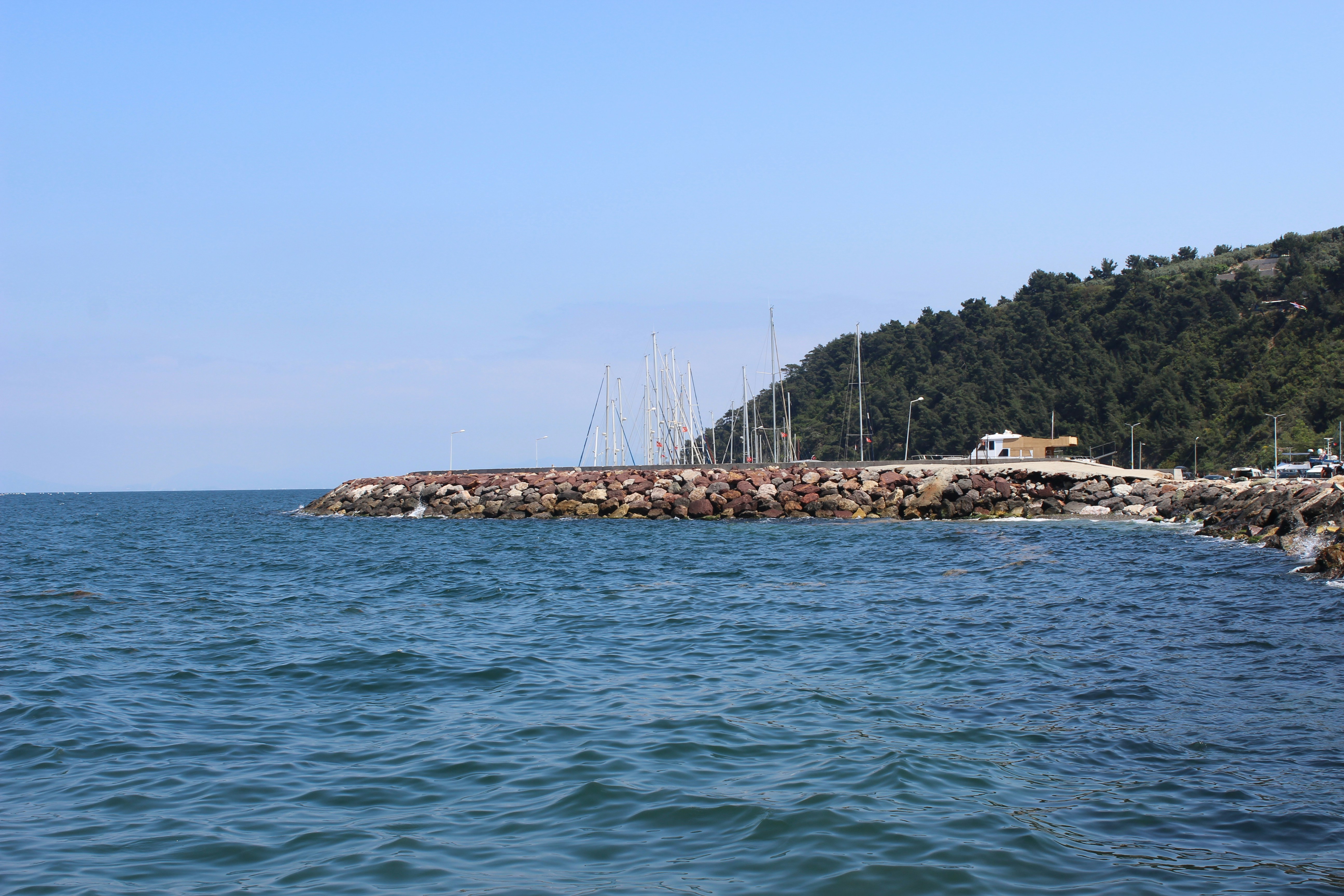 A harbor with a breakwater and boats.