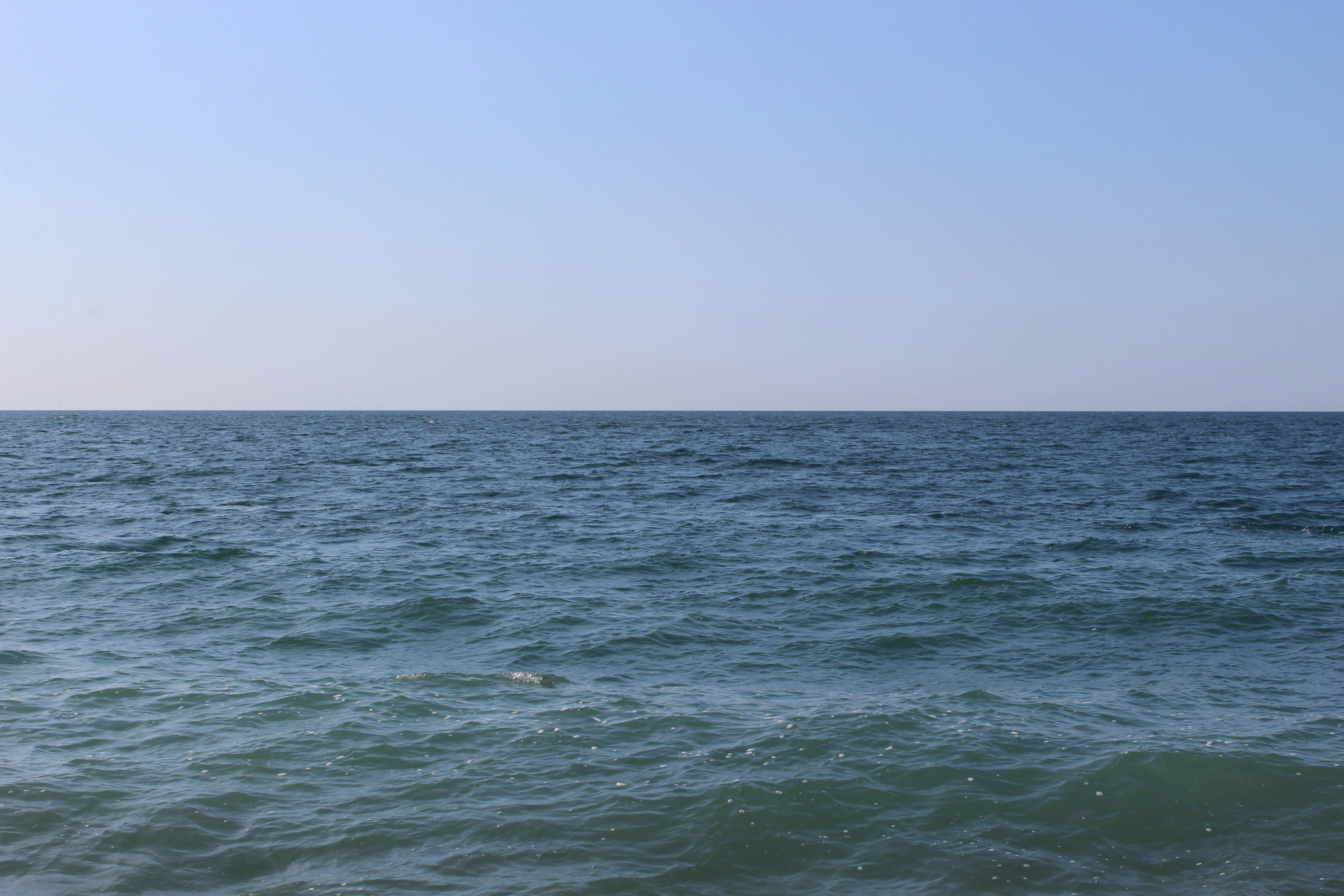 Ocean water extends towards the horizon under a blue sky.