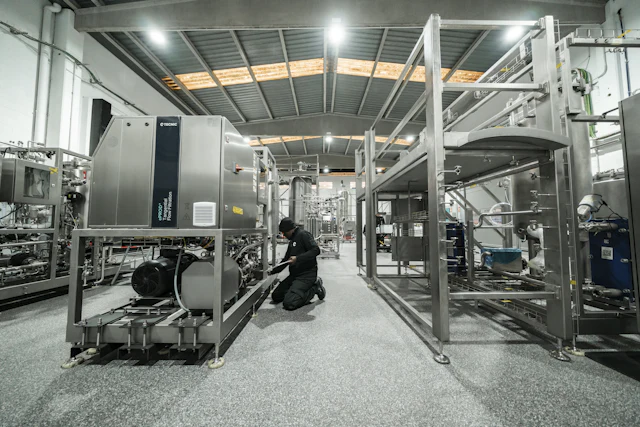 Technician inspecting industrial filtration equipment