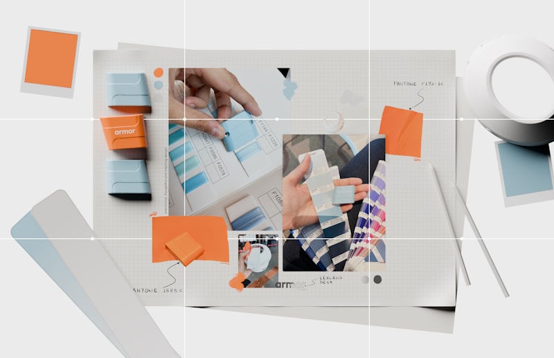 Design elements and materials are arranged on a table