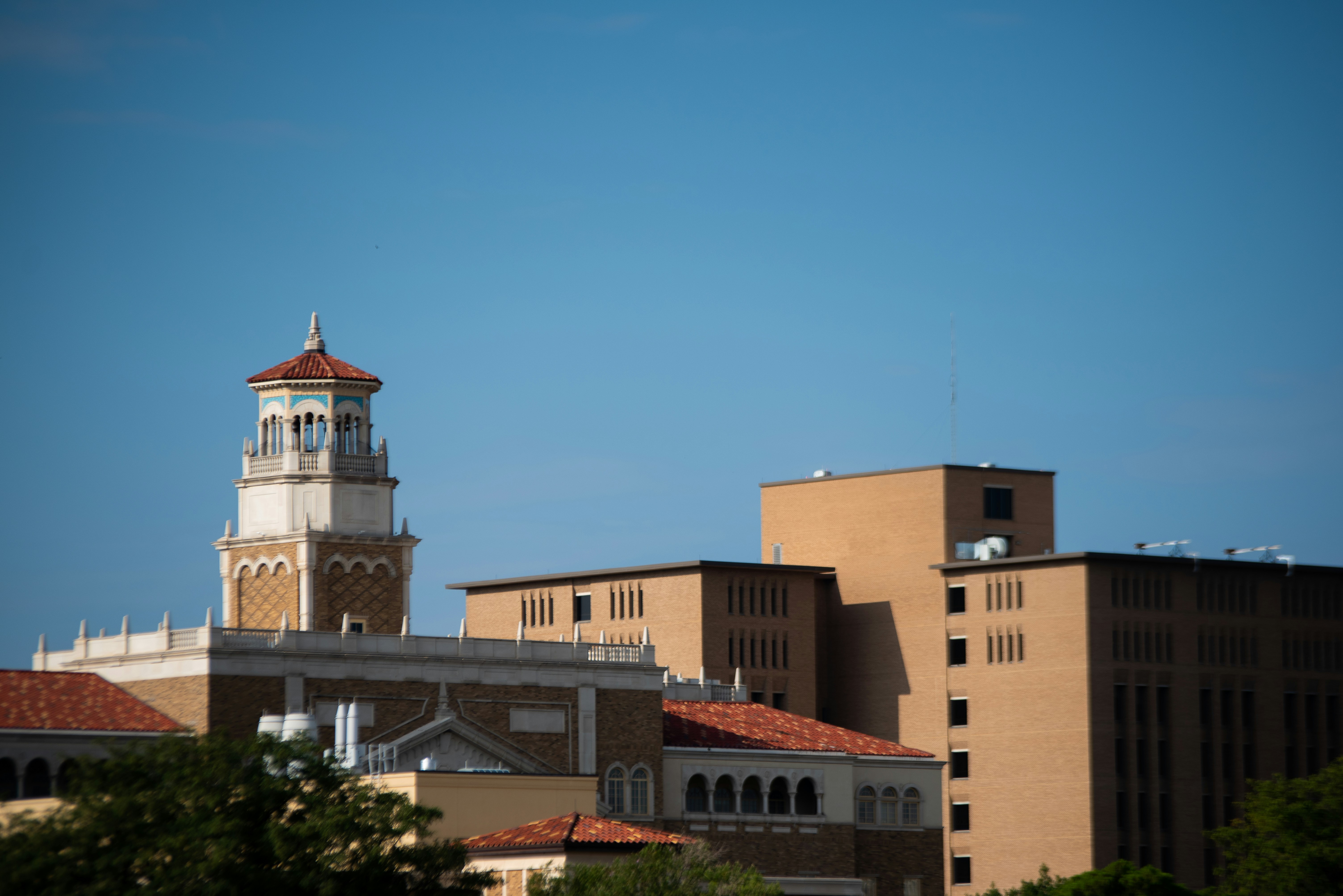 Buildings are under a clear, blue sky.