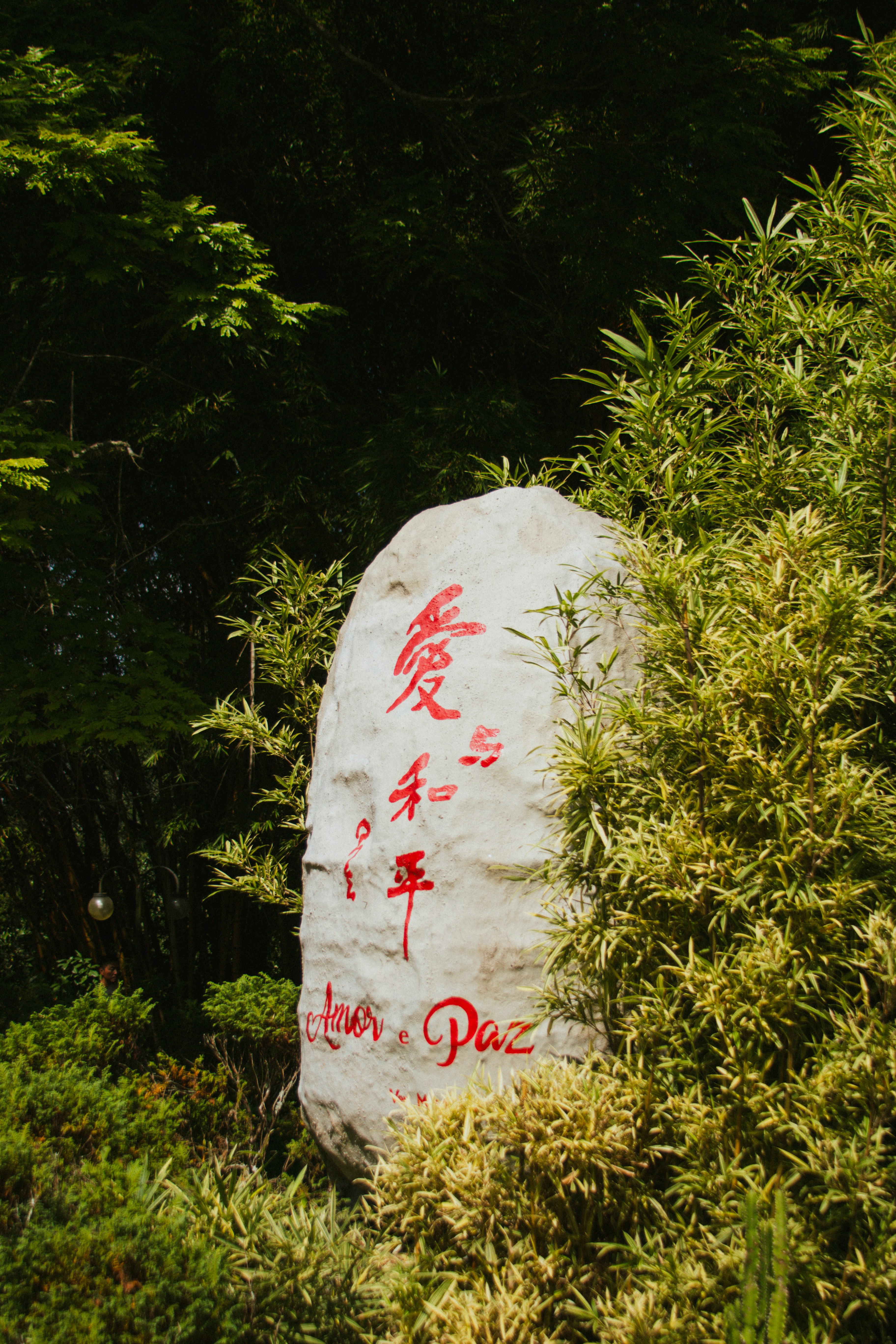 A stone with chinese characters is surrounded by greenery.