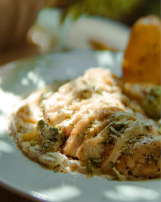 Chicken dish with vegetables and a side.