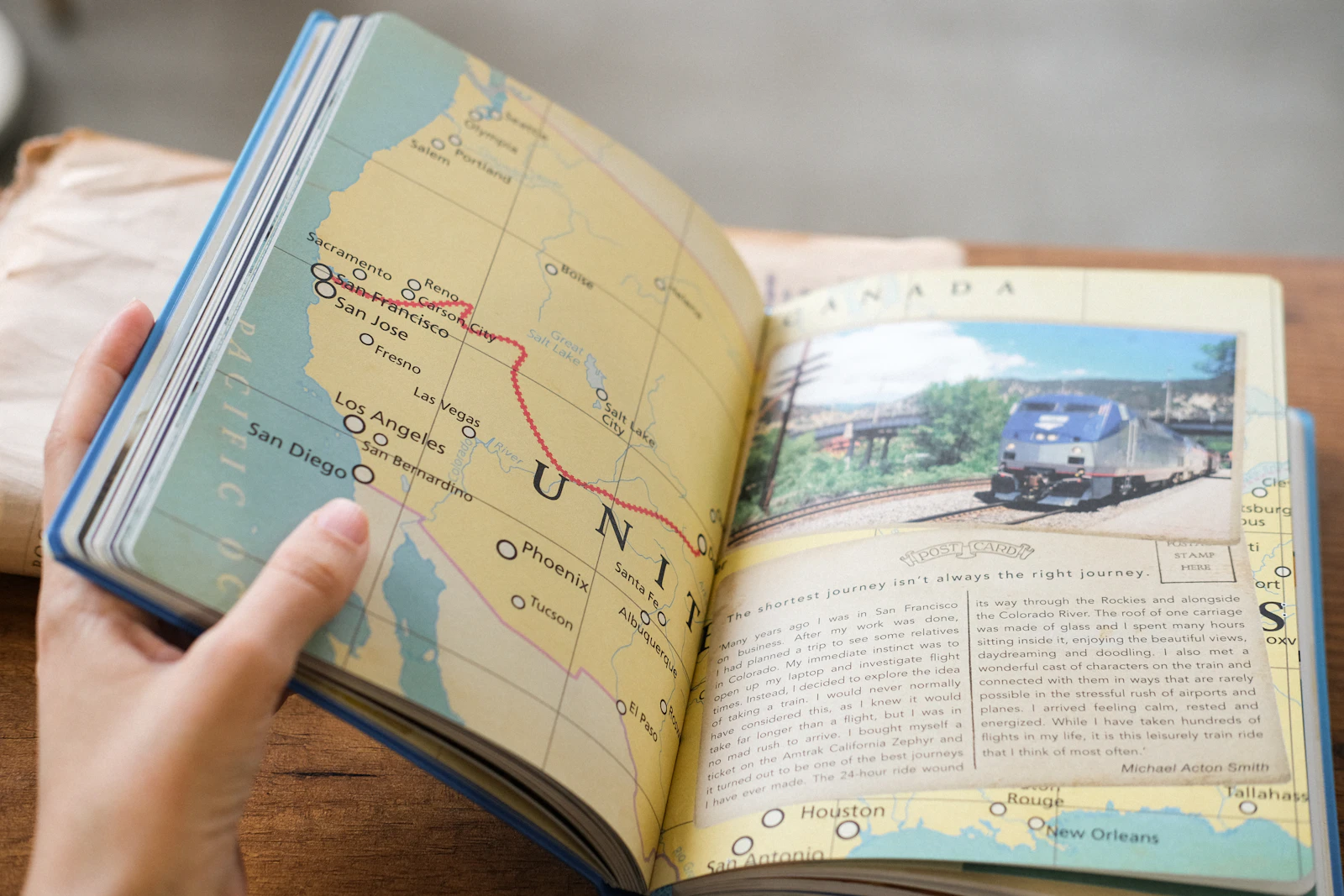 Travel journal open to a route and map.