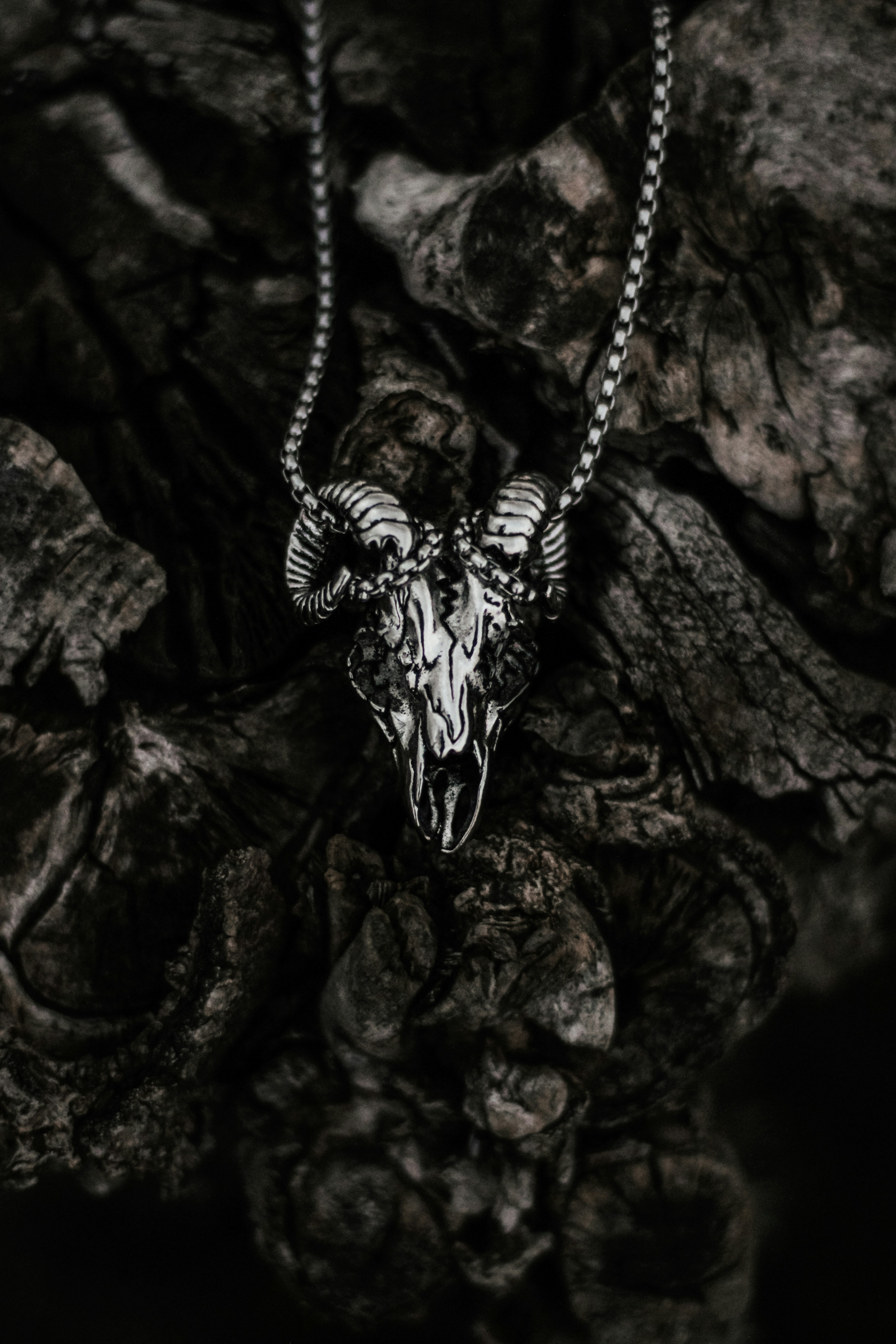 A silver ram-skull pendant on a dark wood surface