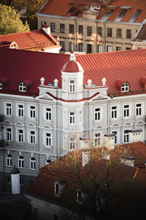 Buildings with red roofs in a city.