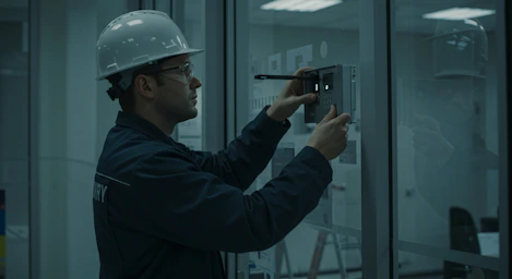A construction worker is examining a door