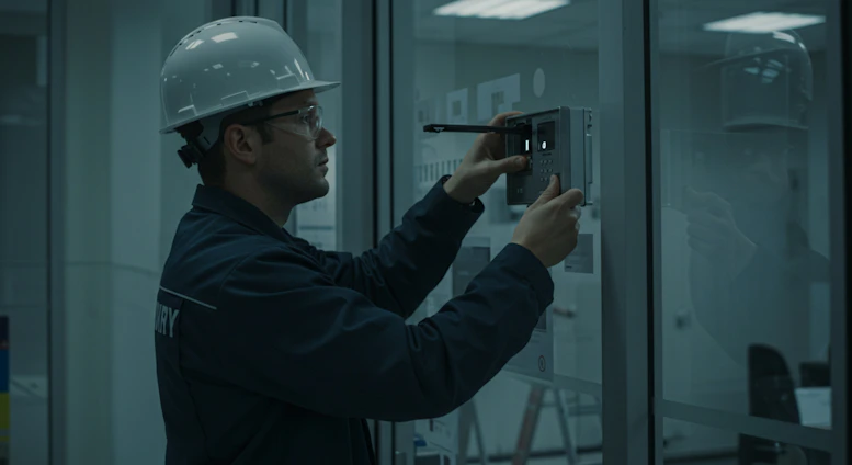 A construction worker is examining a door.