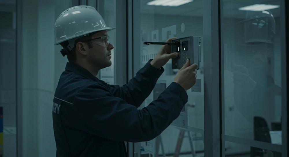 Technician inspecting a door during a life-safety inspection