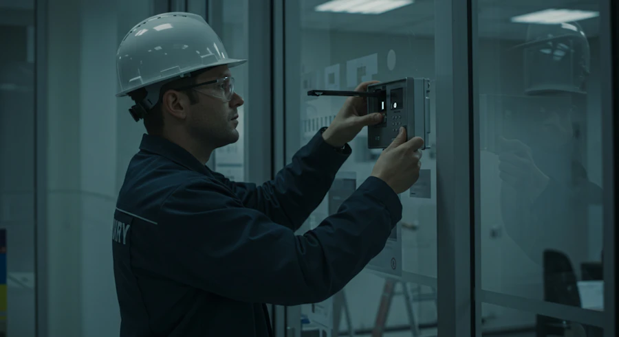 Field service technician configuring equipment on site