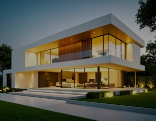Modern house exterior glows with lights.