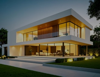 Modern house exterior glows with lights.