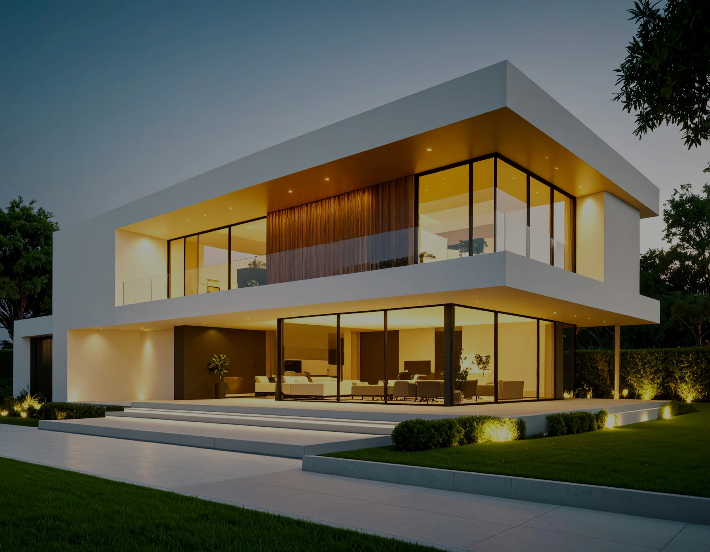 Casa contemporánea iluminada al atardecer