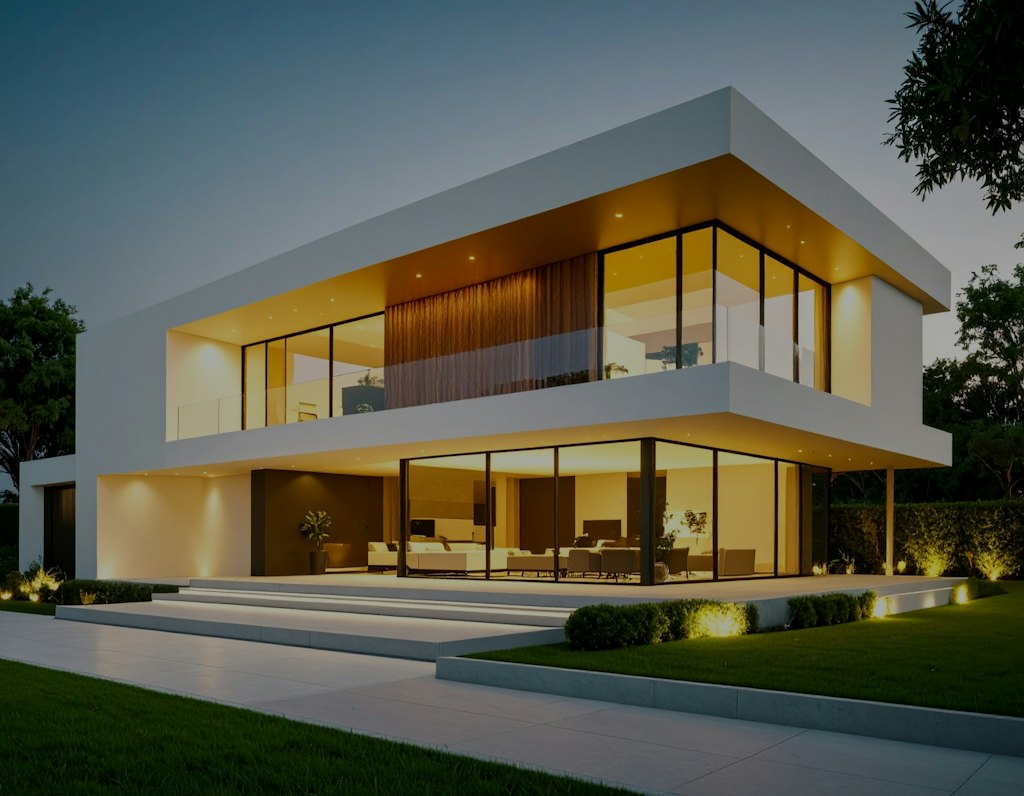 Façade de maison moderne éclairée à la tombée de la nuit