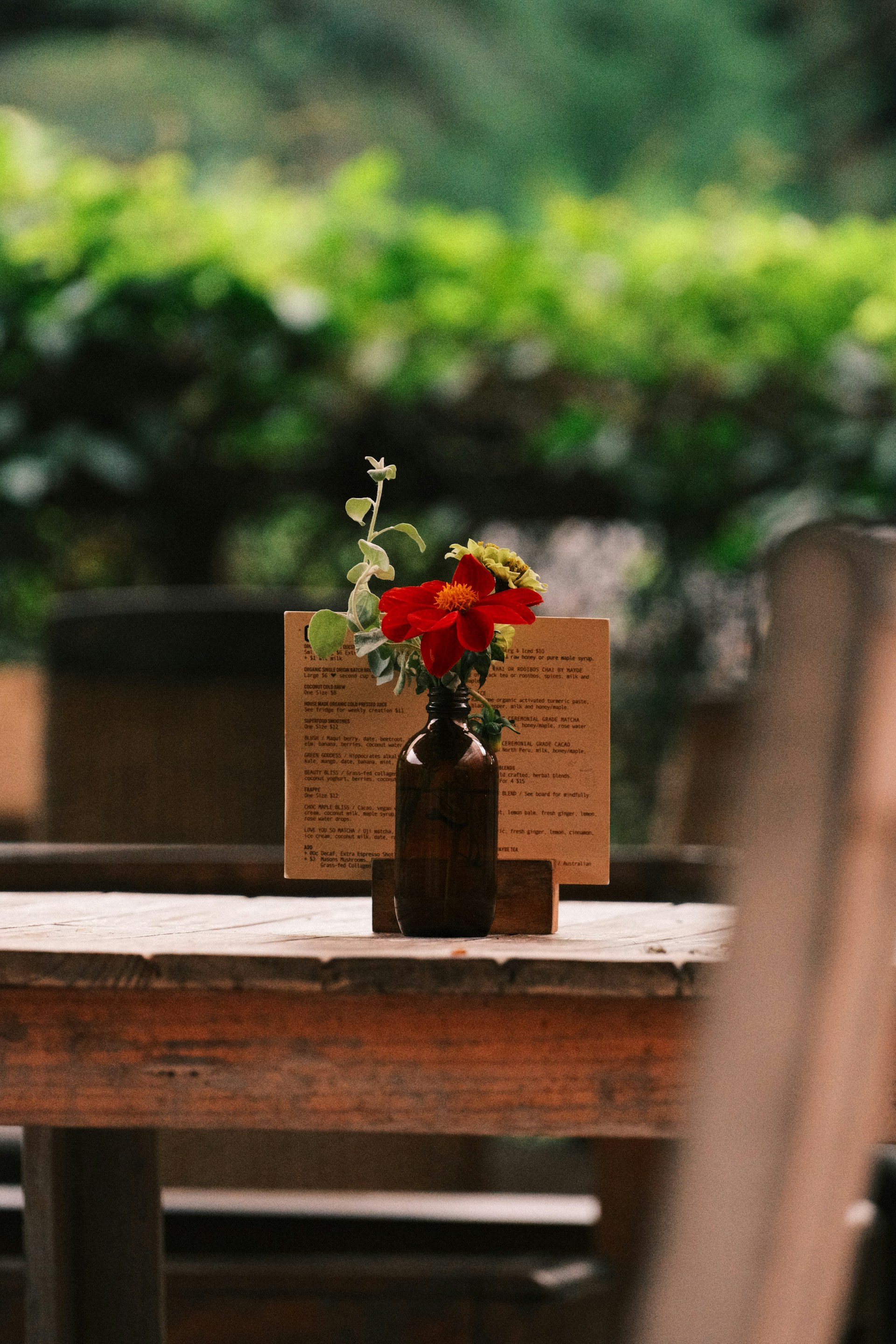 Red flowers in a vase on a wooden table.
